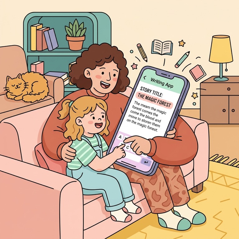 Family writing on phone and web with Weeve Tales
