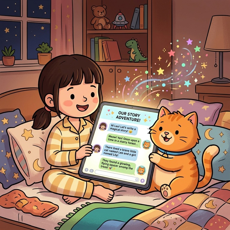 Cat Ginger playing Story Ping-Pong relay writing with a child